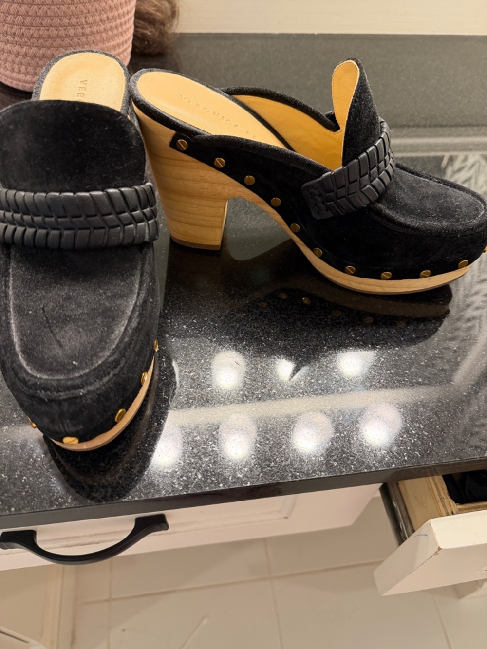 Black Suede Studded Clog Heels - Women